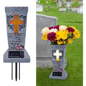 Solar Cemetery Grave Vase with LED for Fresh/Artificial Flowers Headstones Vases with Spikes Gravestone Decor Memorial Gifts for Loss of Loved One