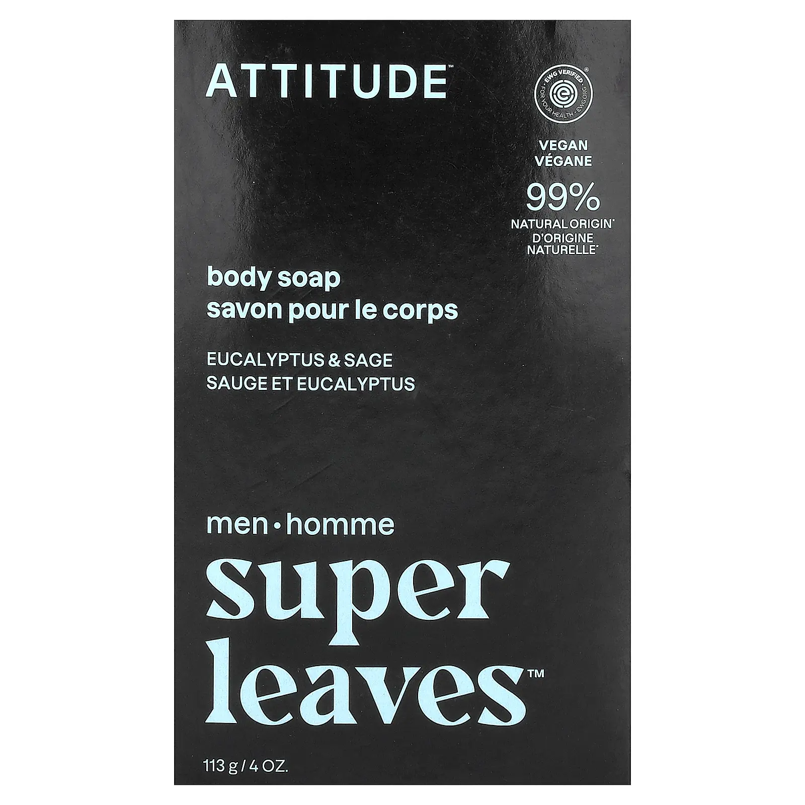 ATTITUDE Super Leaves™, Body Bar Soap, For Men, Eucalyptus & Sage, 4 oz (113 g)