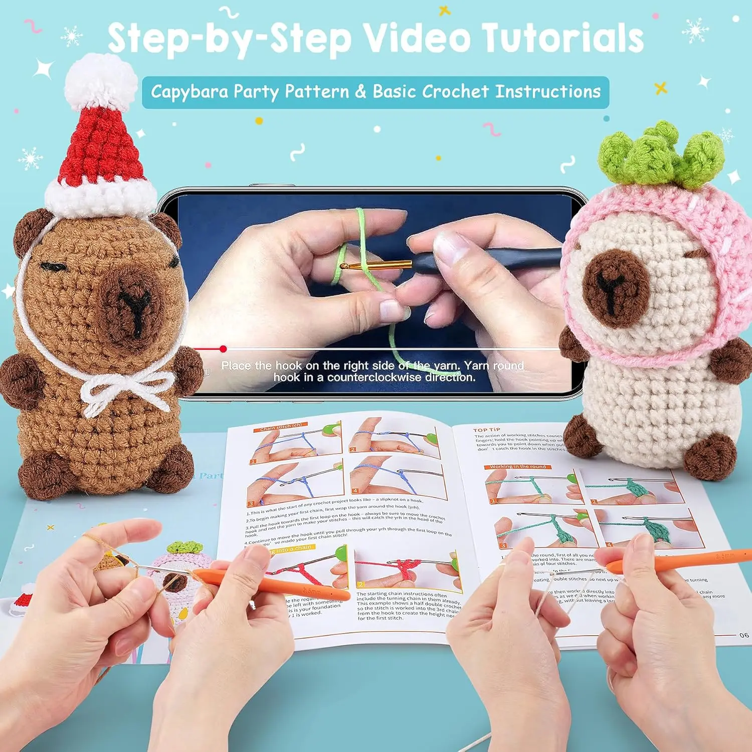 Crochet Kit for Beginners - 2PCS Capybara Animals Brown & Beige with Step-by-Step Video Tutorials, Stuffed Knitting Kit for Adults & Kids, Perfect for Christmas & Birthday Gifts