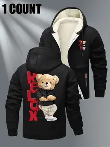 Men's "RELAX" Teddy Bear Graphic Black Fleece-Lined Zip-Up Hoodie Jacket, Casual Trendy Hooded Sweatshirt, Featuring Back Cartoon Bear + Red "RELAX" Lettering + Warm Fleece Lining, Ideal for Daily Casual & Leisure Looks
