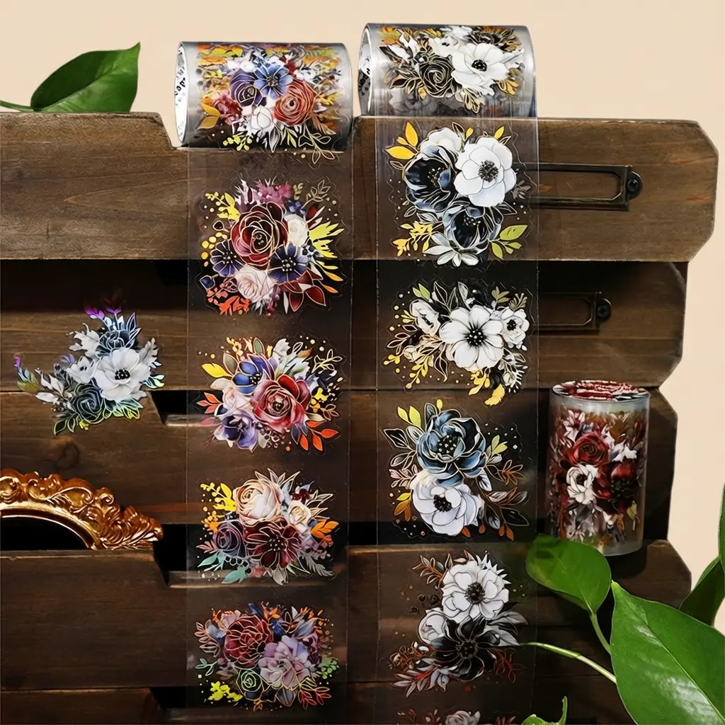 Midnight Garden Series Floral Tape Decal Stickers - 6 Pcs Floral Theme Illustration Journal Stickers, Junk Journaling Supplies for DIY Scrapbooking, Planners, Illustration Stickers