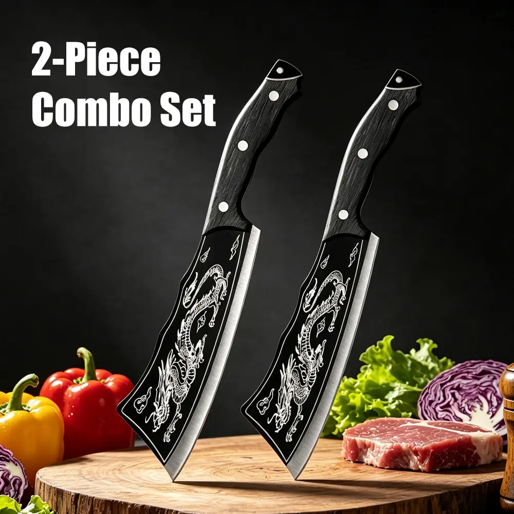 2-Piece Heavy Duty Meat Cleaver Set Dragon Embossed BBQ Butcher Knife with Sheath High Carbon Stainless Steel Professional Kitchen Chef Knife for Meat Cutting Slicing,gift,compact,d2,pocket,nylon,multifunctional,lightweight,everyday,benchmade,er,4300bk-02