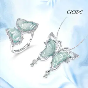 Natural Silver Jade Jewelry Set (Earrings, Necklace, Ring), Butterfly Pendant for Women — Gift, Fashionable Women’s Style