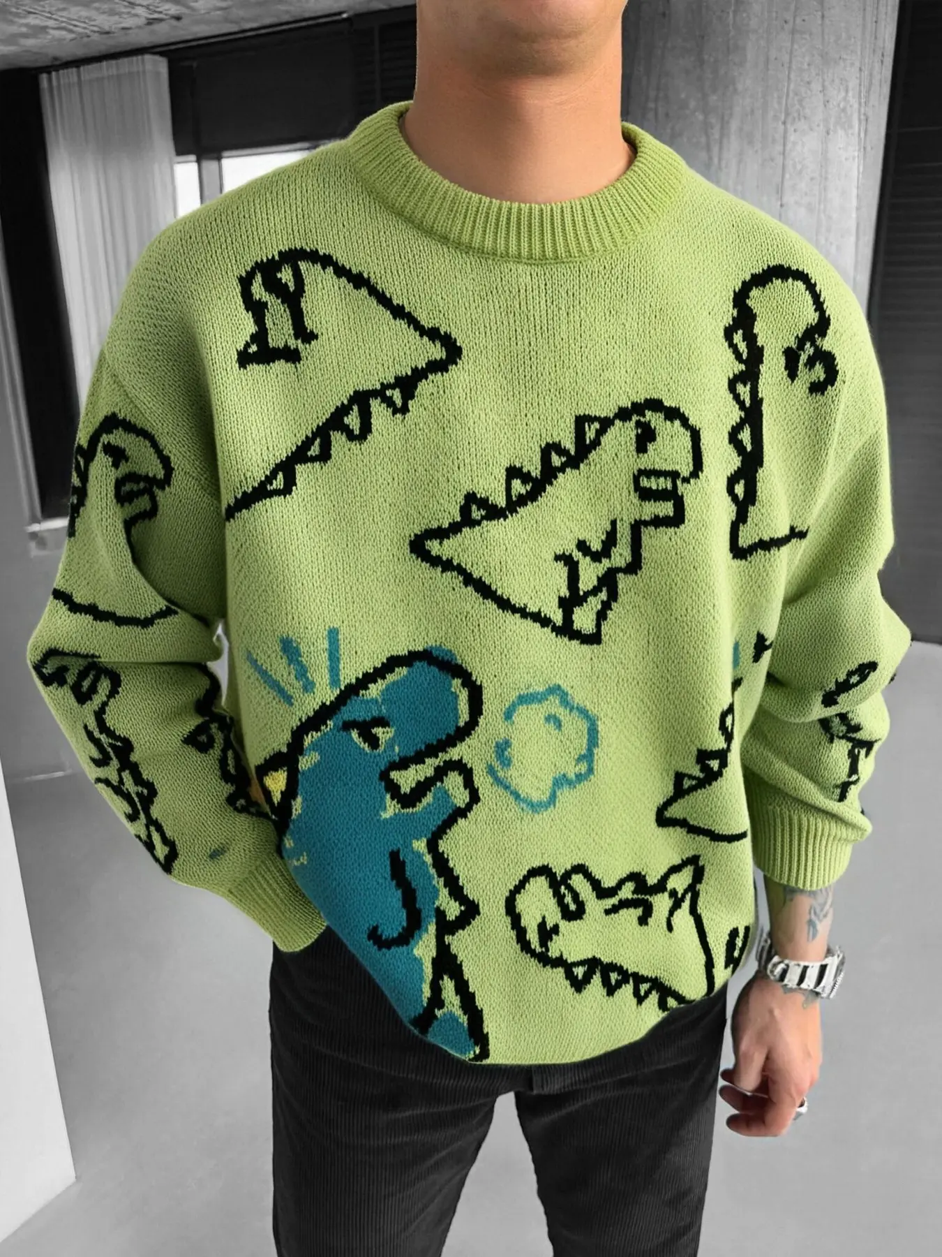 Unisex Animal Dinosaur Print Long Sleeve Sweater, Casual Street Style Knitwear, Thick Fabric Loose Fit Pullover for Fall & Winter Seasons