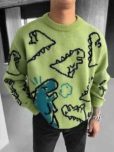 Unisex Dinosaur Print Long Sleeve Sweater, Casual Street Style Knitwear, Thick Fabric Loose Fit Pullover for Fall & Winter Seasons