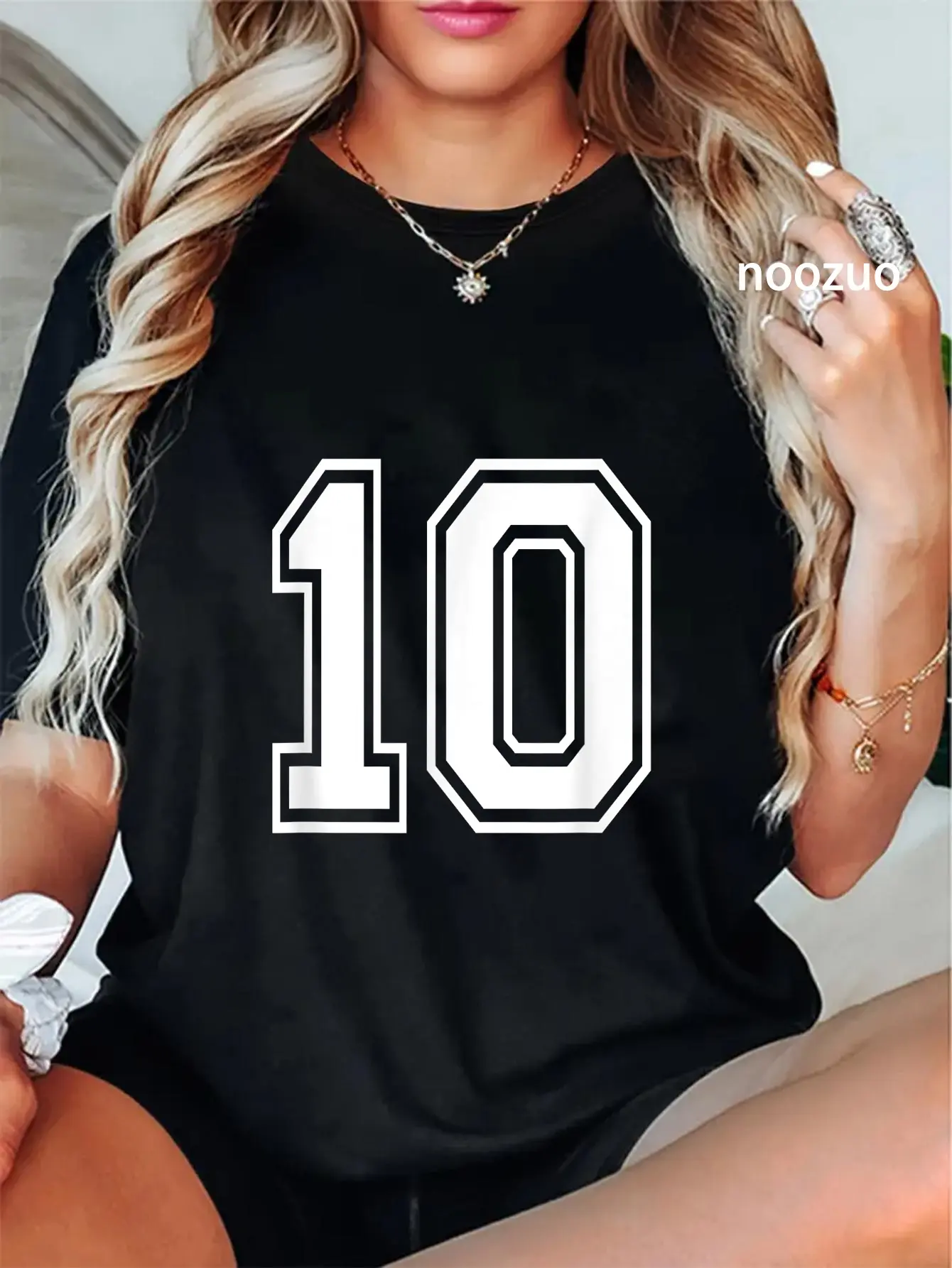 Casual Varsity Graphic T-Shirt for Women, 100% Cotton Short Sleeve Round Neck Top with Number 10 Print for Everyday Wear, Shortsleeve, Tshirt, Vintage, Streetwear