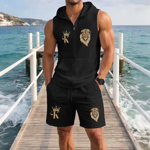 Men's King Lion Graphic Sleeveless Hoodie Shorts Set 2 Piece Outfit Crown K Lion Print Zip Up Hooded Vest Drawstring Shorts Summer Casual Gym Workout Streetwear Breathable Lightweight Athletic Lounge Set