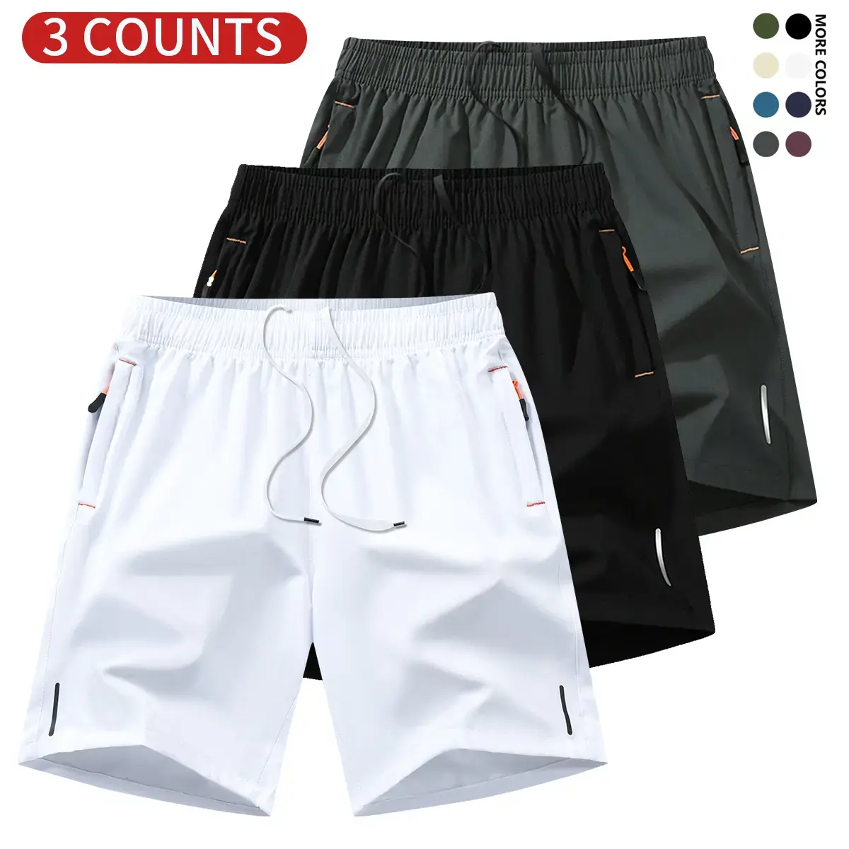 Men’s solid color shorts with zippered pockets — summer casual, comfortable, breathable three-quarter length pants; everyday men’s bottoms, tropical beige, 3-pack