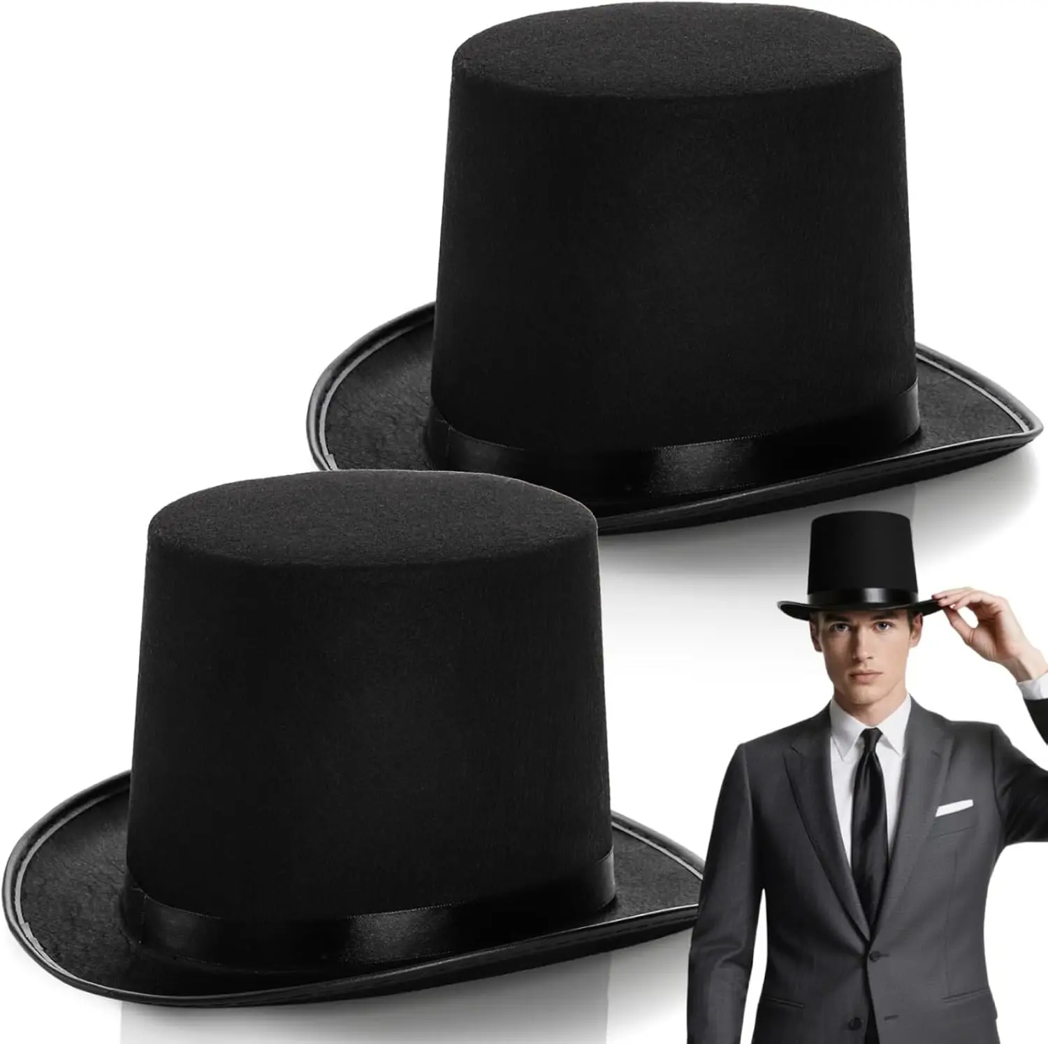 Pumtus 2 Pack Black Felt Top Hat, Funny Party Stovepipe Hat, Formal Tuxedo Vampire Costume Hat, Dress Up Victorian Hat for Cosplay, Halloween, Unisex