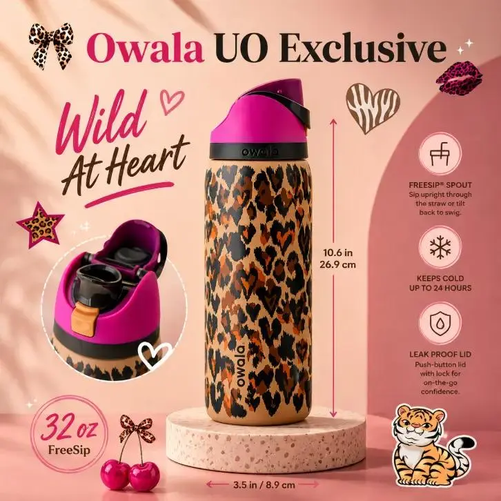 Owala 32oz FreeSip Leopard Heart Print Insulated Water Bottle - Pink Lid, Cartoon Limited Edition Drinkware Flask, Flasks