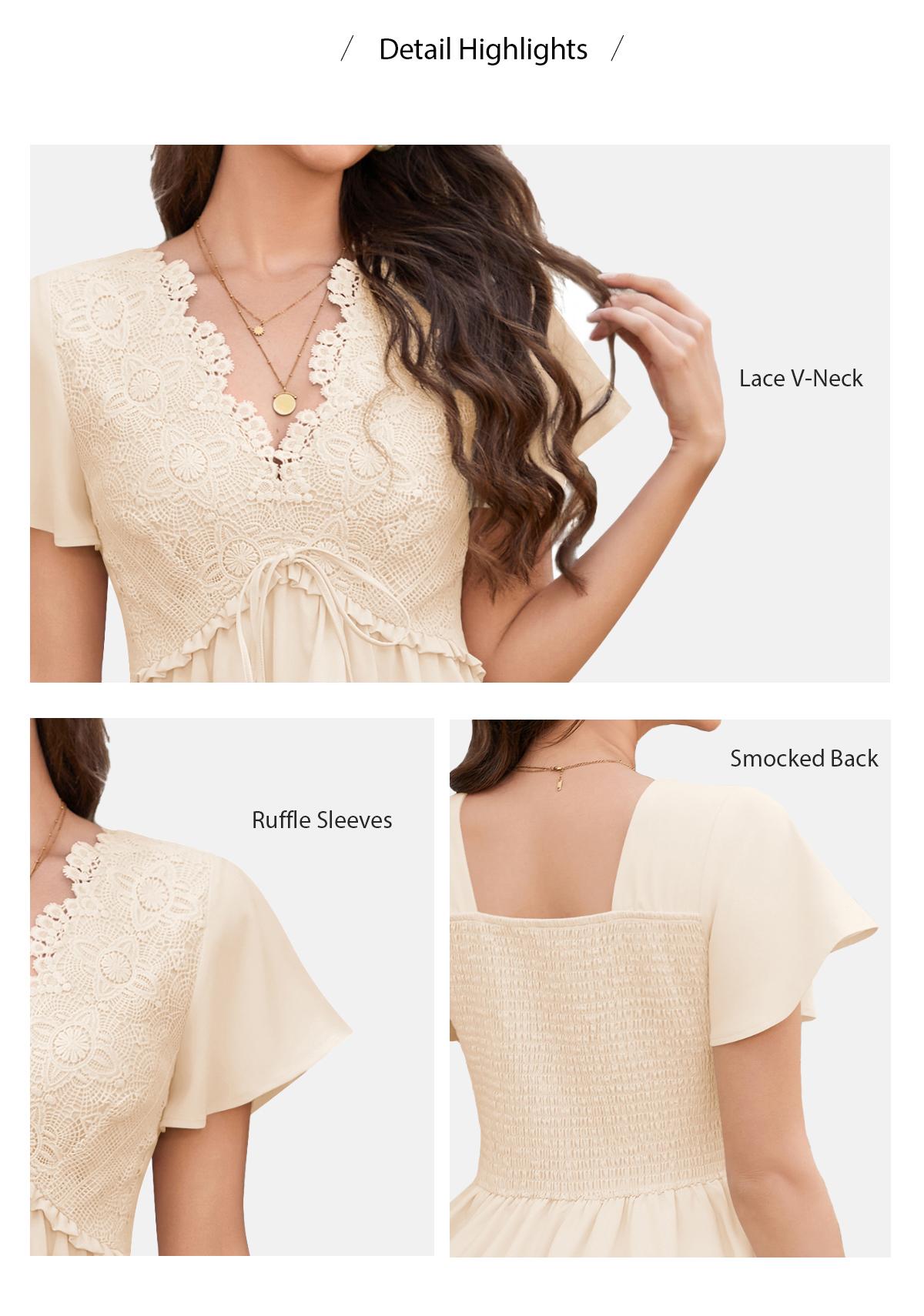 Florboom Women's Floral Lace Boho Deep V Neck Mini Dress Flutter Short Sleeve A-Line Flowy Dresses Perfect for Family Pictures,Wedding Guest, Bride, Baby Shower, Easter, Church