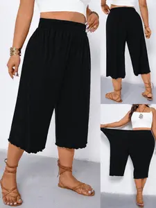 Women's Plus Size Wide Leg Capri Pants Scalloped Hem Culottes Smocked Elastic High Waist Cropped Trousers Casual Summer Lounge Flowy Trendy