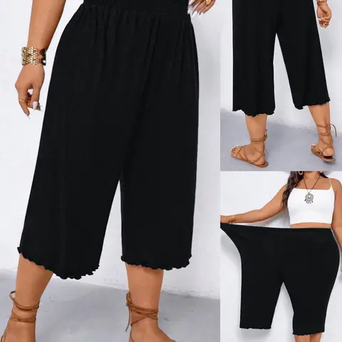 Women's Plus Size Wide Leg Capri Pants Scalloped Hem Culottes Smocked Elastic High Waist Cropped Bohemian Trousers Casual Summer Lounge Flowy Trendy Womenswear Bottom Boho Casual Bottoms Flowing Trousers