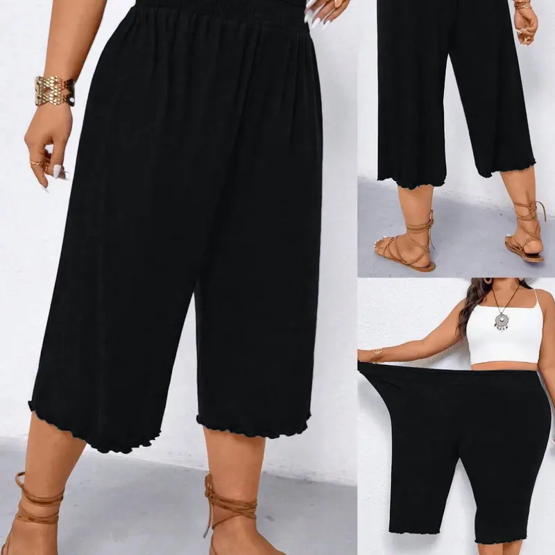 Women's Plus Size Wide Leg Capri Pants Scalloped Hem Culottes Smocked Elastic High Waist Cropped Bohemian Trousers Casual Summer Lounge Flowy Trendy Womenswear Bottom Boho Casual Bottoms Flowing Trousers