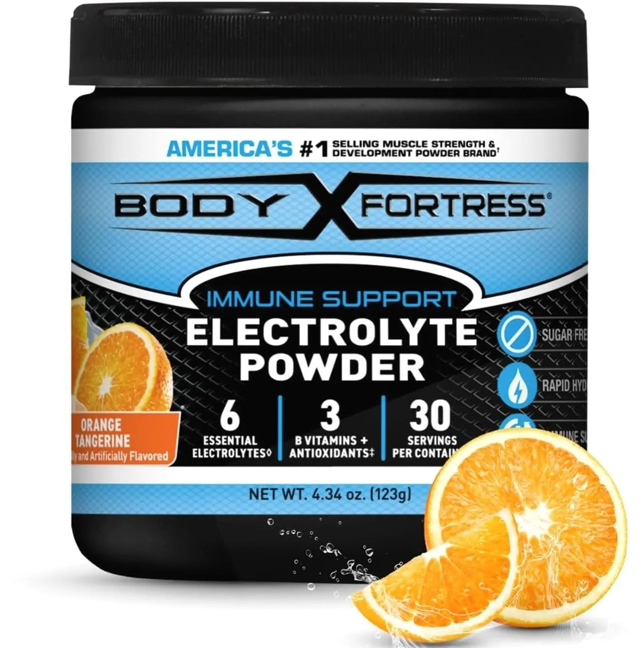Body Fortress Electrolyte Powder Orange Tangerine - Rapid Hydration Drink Mix with 6 Essential Electrolytes & 3 B Vitamins - Sugar Free, Keto Friendly, No Color Added, Clear Hydration - 30 Servings
