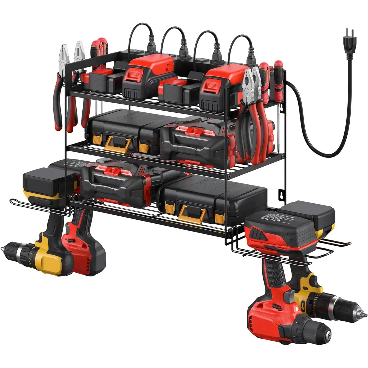 Garage Tool Storage with Charging Station, Electric Tool Battery Organizer Practical Shelf with Power Strip, 4 Drill Bit Holder Wall-Mounted Rack, Black 3-Tier