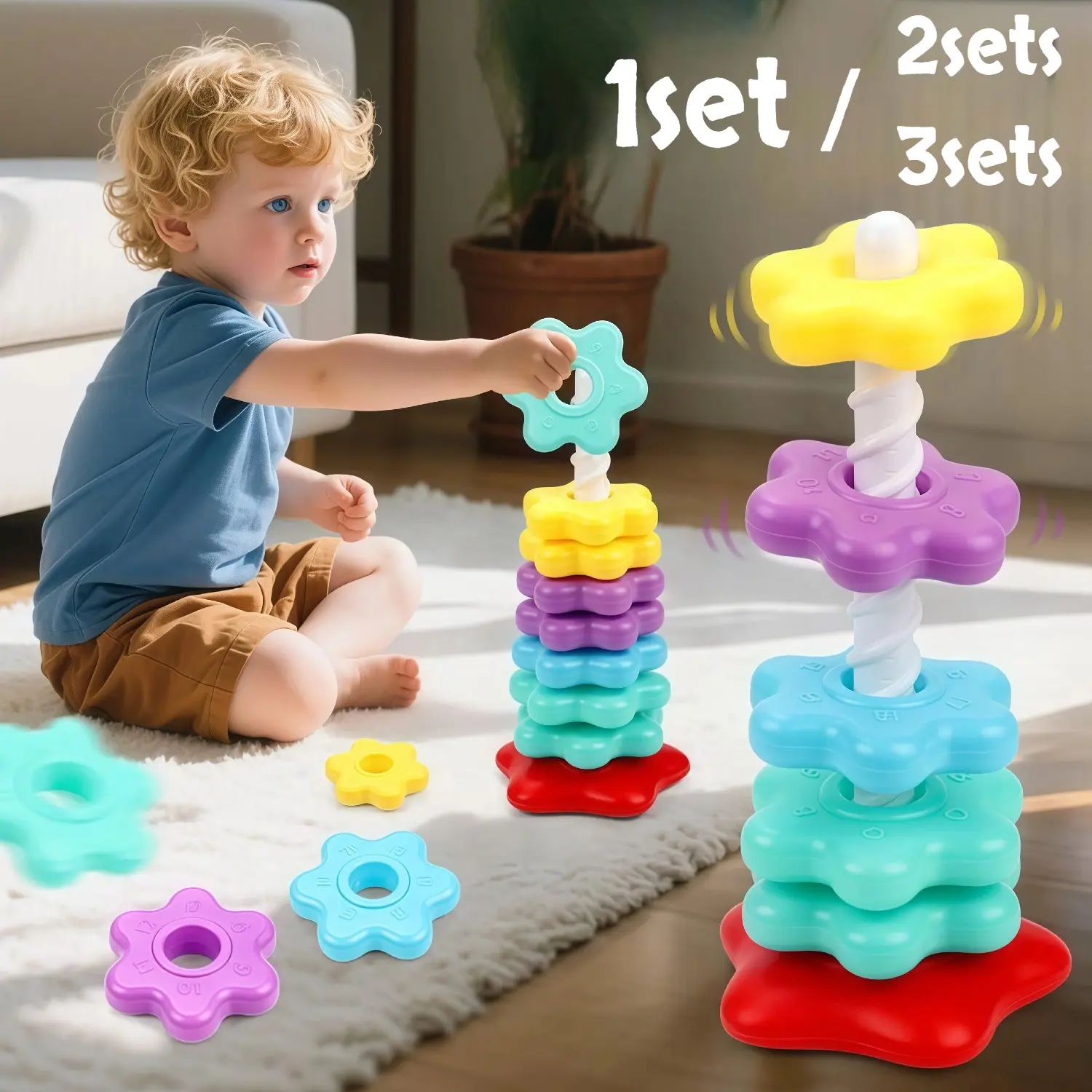 1/2/3 sets Rainbow Spinning Stacking Sensory Product, Blocks, Shape Sorter, Early Learning Materials and Teaching Supplies, Spinning Tower/Color/Size Cognition Parent-Child Interaction Early Education Supplies, Can Train Children's Hand-Eye Coordination