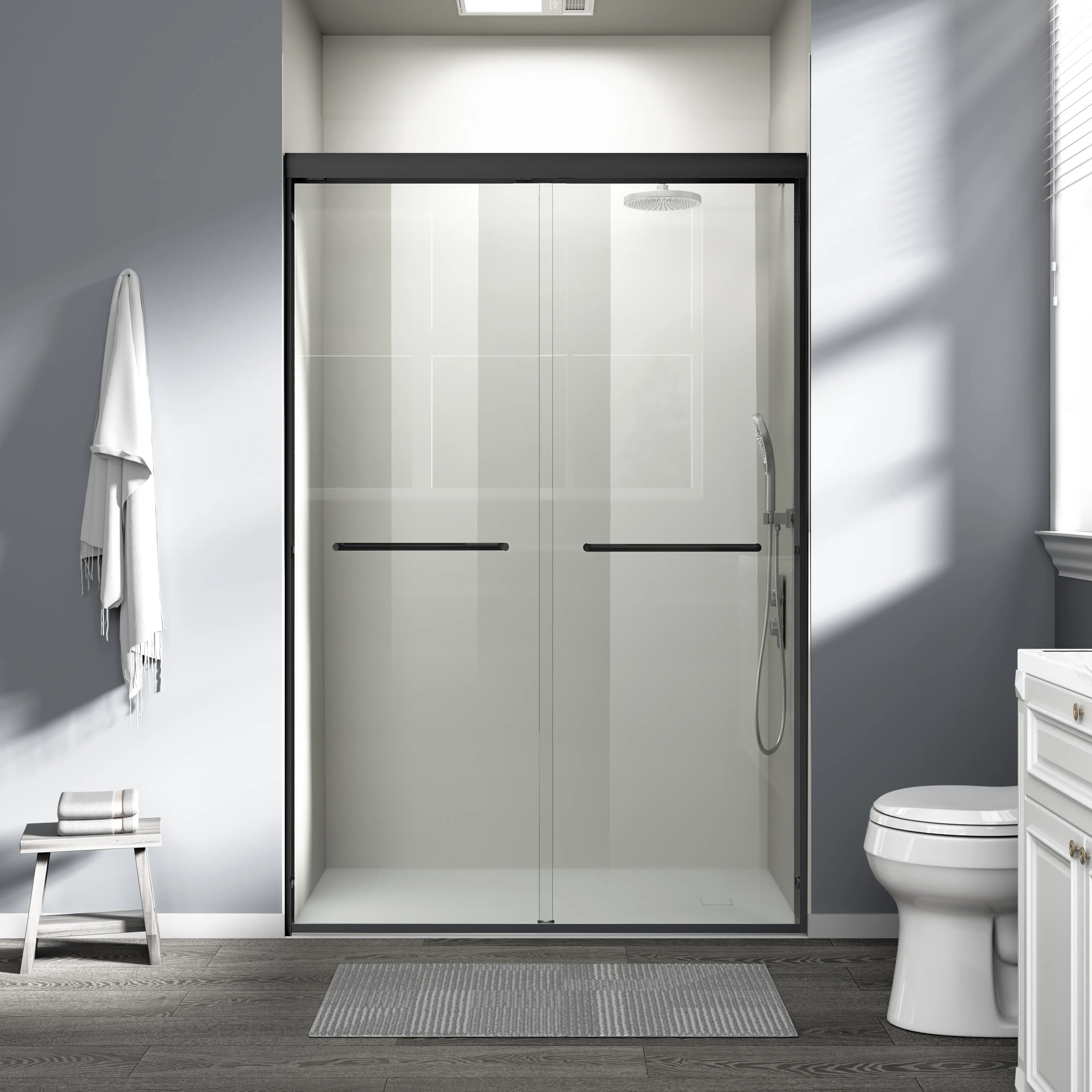 BUILDEPOT Adjustable Non-Porous Easy-Adjust Semi-Frameless Double Sliding Bypass Shower Doors - 44"-48" W x 72" H, 1/4" (6mm) Tempered Glass with Safety Film, Aluminum Frame, Model D03-48, Summervibes, Adjustable Door, Non-Porous Shower Doors