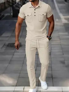 2026 New Men's Set, Christmas Gift, Friday, Summer, Waffle Pattern, Muscle Texture, Button-Up, Drawstring Pants, Running Set, Elastic Pants, Casual Pants, Fashion Men's Clothing
