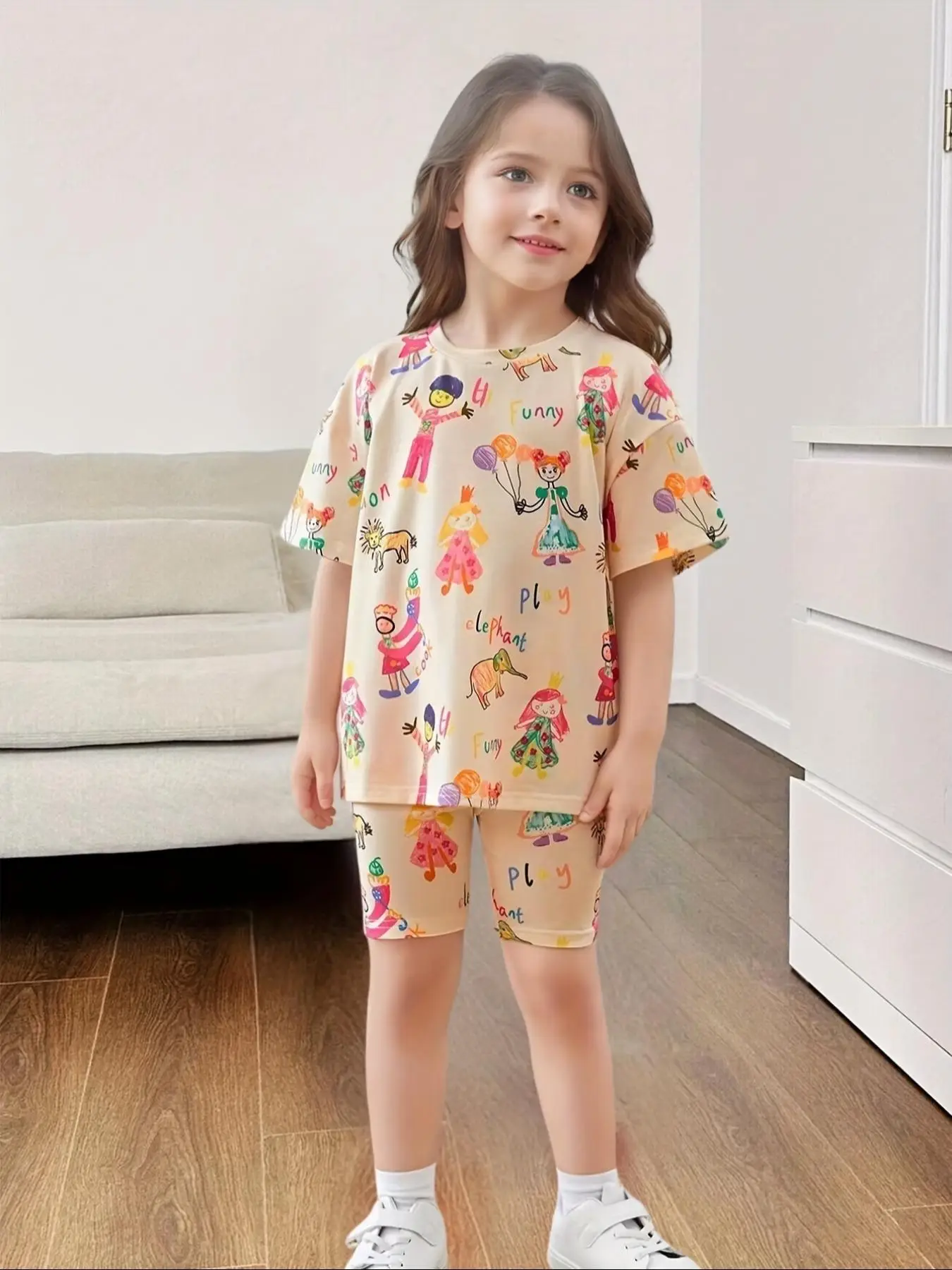 Two-Piece Set Girl's Cartoon Figure Print Tee & Skinny Shorts Set, Casual Round Neck Half Sleeve T-Shirt & Shorts for Summer, Kids Clothes for Daily W