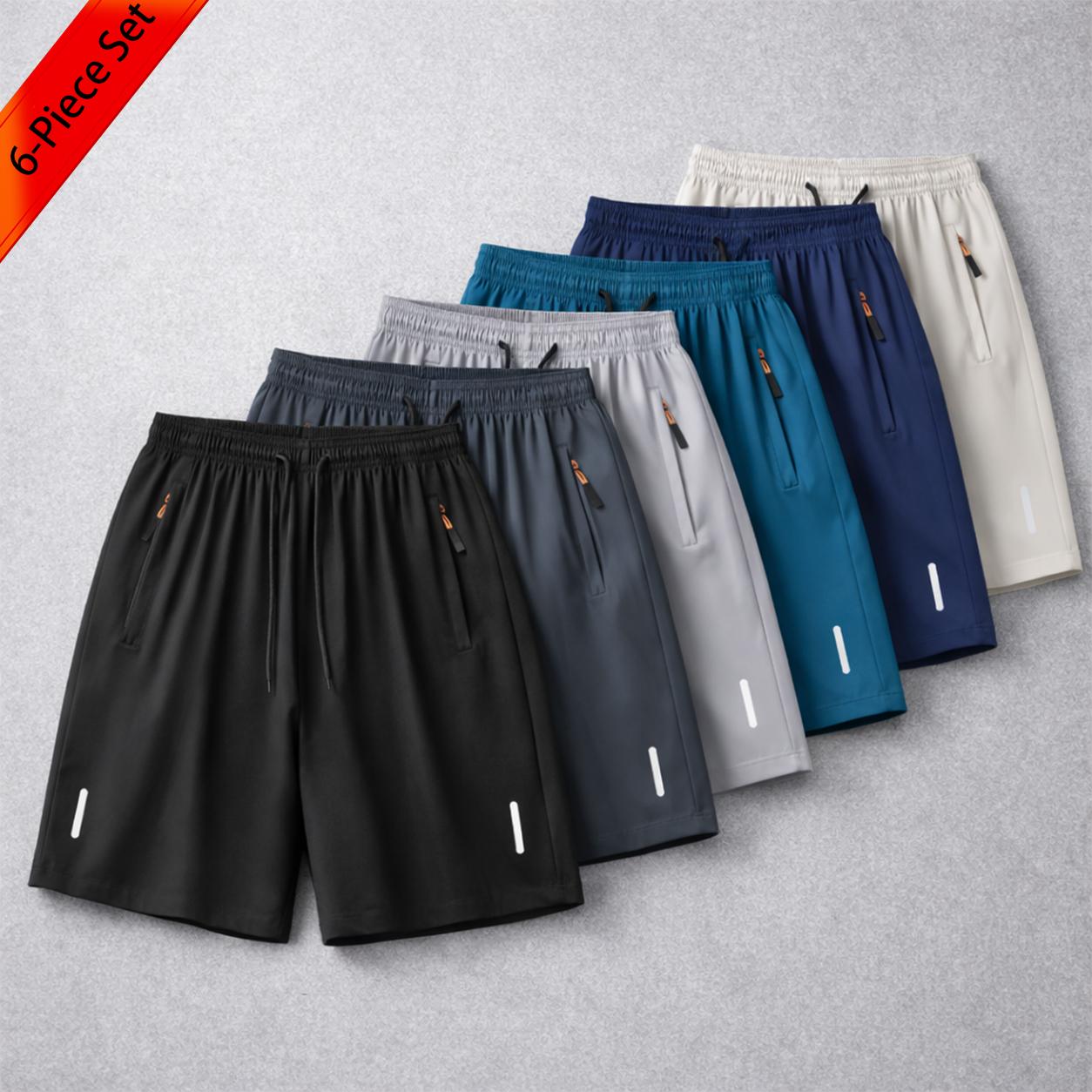 7-pack men’s ice silk quick-dry athletic shorts featuring zippered pockets and contrasting zipper head design; breathable, lightweight ice silk summer shorts for fitness, running, and casual wear—an essential for workouts and comfortable for home wear in