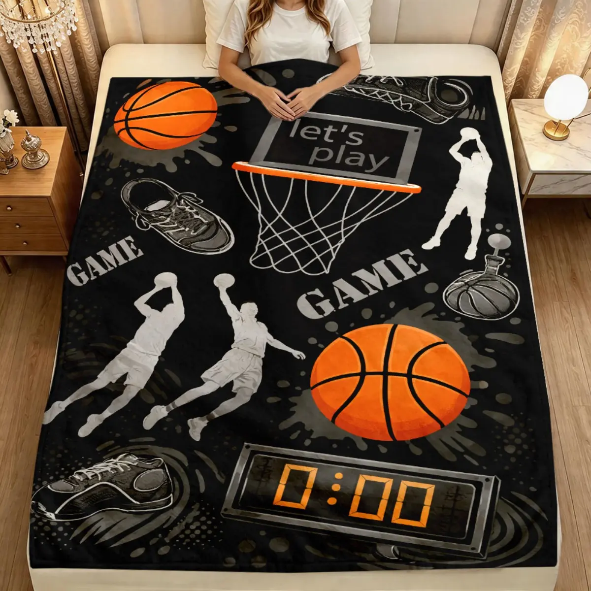 1pc Flannel Blanket | Black Orange Basketball Players Sports Pattern Print | Lightweight, Warm | Suitable for All Seasons | Throw Blanket | Suitable for Tv Watching, Living Room And Outdoor Picnic | Ideal for Thoughtful Gift