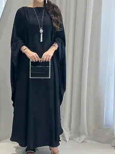 Women's Solid Color Boat Neck Batwing Sleeve Robe, Elegant and Noble Long Sleeve Dress, Women's Daily Wear Islamic Clothing