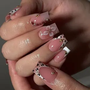 Flower Press on Nails Medium Square Fake Nails with Gold Pearl Star Designs Nude Pink False Nails Leopard Print Nail Press ons Flower Embossment Full Cover Glue on Nails Spring Acrylic Nail for Women