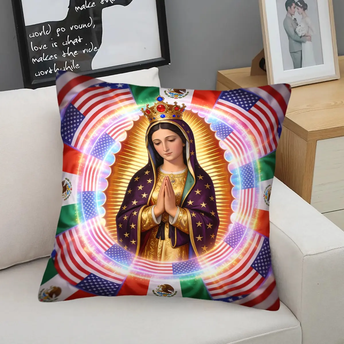 Our Lady of Guadalupe Throw Pillow,Patriotic Religious Print Decorative Cushion,Golden Halo Vibrant Accent Pillow,Stylish Spiritual Accent Pillow,for Couch Sofa Bedroom Dorm Living Room,Ideal Gift for Latino Catholic Faithful