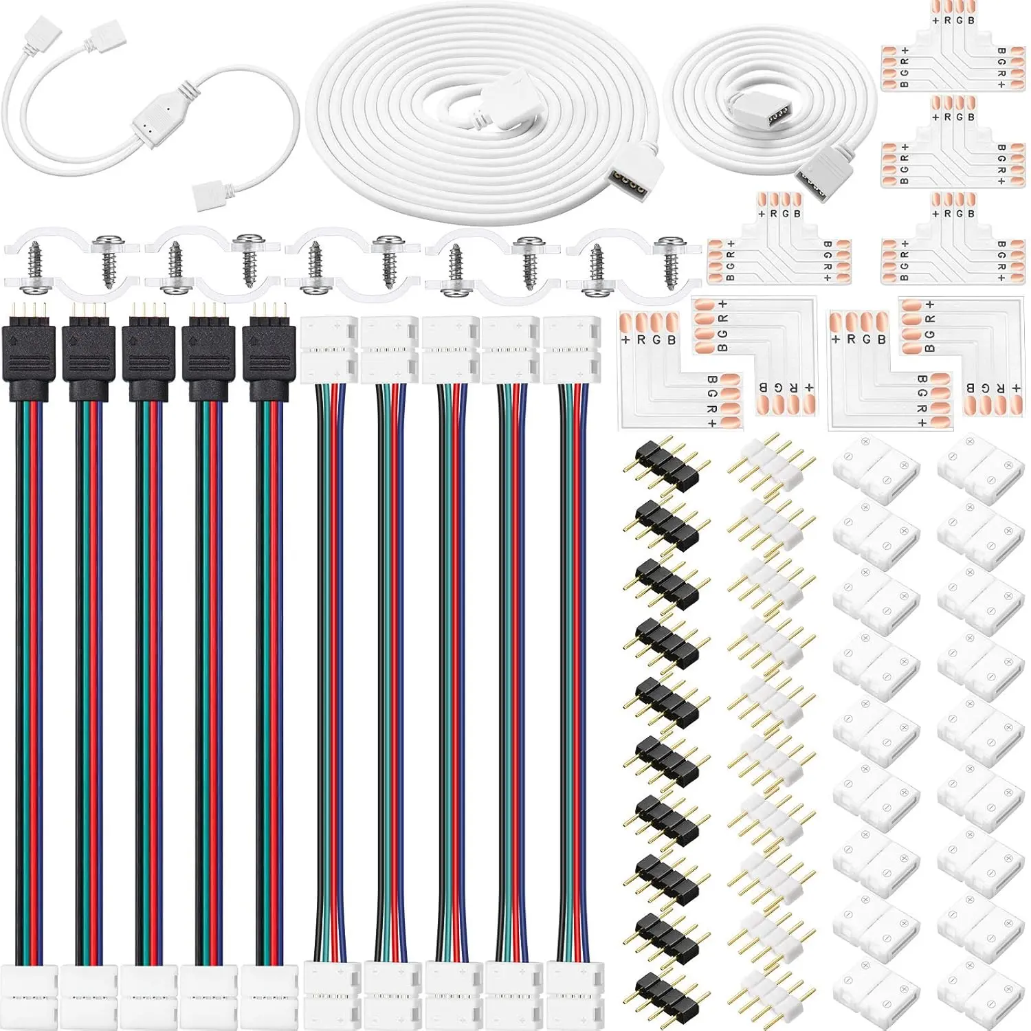 5050 4 Pin RGB 10mm LED Strip Connector Kit RGB Extension , LED Strip Jumper, 2 Way RGB Splitter , L, T, Gapless, 4 Pin Male Connectors with Clips