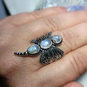 Silver Dragonfly Moonstone Ring - 3 Stone Design, Size 8 Available