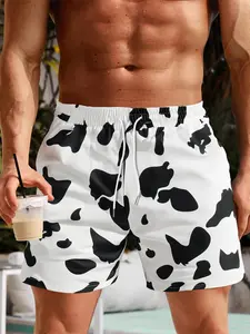 Men's Regular Fit Cow Print Boxer Brief Swim Shorts, Casual Comfy Breathable Swim Shorts for Summer, Men's Swimwear for Beach Holiday Vacation, Swim Trunks