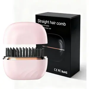 Mini Straightener Brush, Rechargeable Portable Hair Straightener Brush, 3-Speed Temperature Control, Anti-Scald Shell, Lightweight and Portable for Home Travel Gift (Pink)