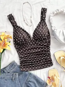 1 Piece Women's Polka Dot Tank Top, V Neck Knot Shoulder Ruched Side Sleeveless Cami Top, Slim Fit Cropped Bustier Top with Stretchy Fabric, Figure Flattering for Daily Wear Beach Vacation Going Out Streetwear, Casual Fitted Sleeveless
