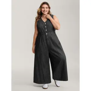 BLOOMCHIC Plus Size Plain Denim Jumpsuit - Button Placket, Pockets, Size - [M-6X]2026 Summer Vibes Swimweek, Women, Clothes