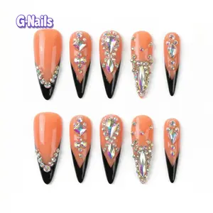 G Nails A66 Black French Stiletto Glitter Press On Nails 10pcs Handmade Press On Nails Reusablenail Frechtips