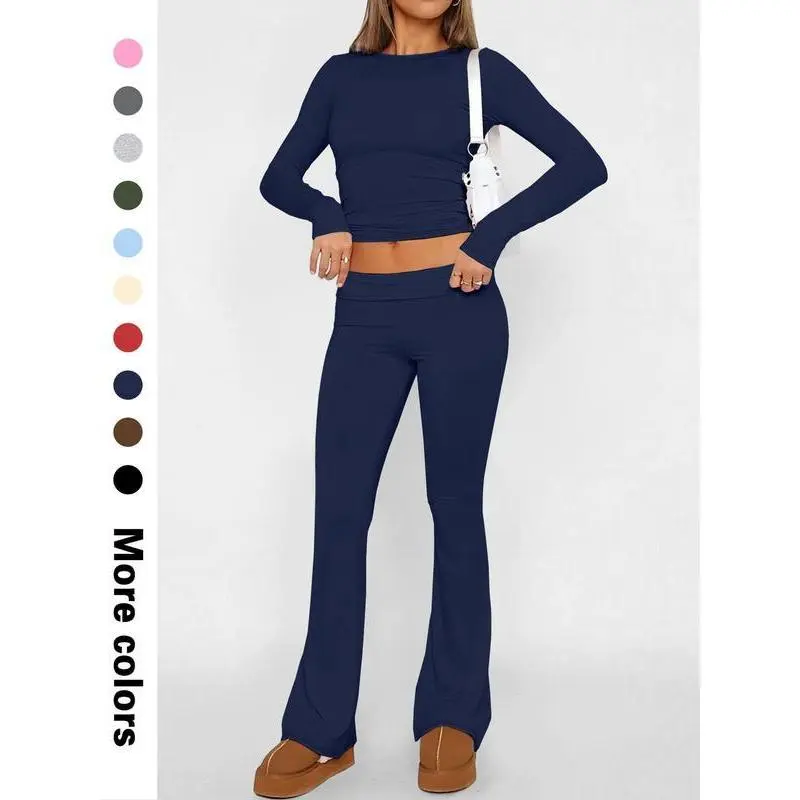Two-Piece Set Women's Solid Color Long Sleeve Crop Tee & Flare Leg Pants, Casual Fashion Cozy Round Neck Top & Bell Bottom Trousers for Daily Outdoor Wear, Women's Clothing for Fall & WinterGift