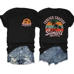 Retro Sunset Palm Tree Graphic Tee Unisex Top Vintage Beach Vacation Shirt Oversized Casual Crewneck Short Sleeve Summer Outfit Streetwear Gift