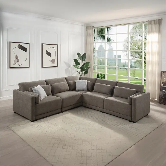 Acme LV03150-5PC 5-Piece Rylie Grey Linen-Like Fabric Modular Sectional Sofa with Squared Arms 111"x111" x 39"x34" H