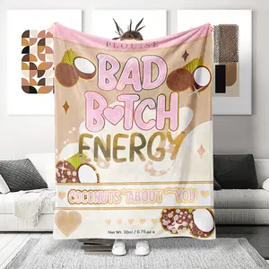 Plouise Bad Bitch Energy Coconut Heart Print Flannel Blanket, Multifunctional Digital Print Throw for Bedroom & Living Room