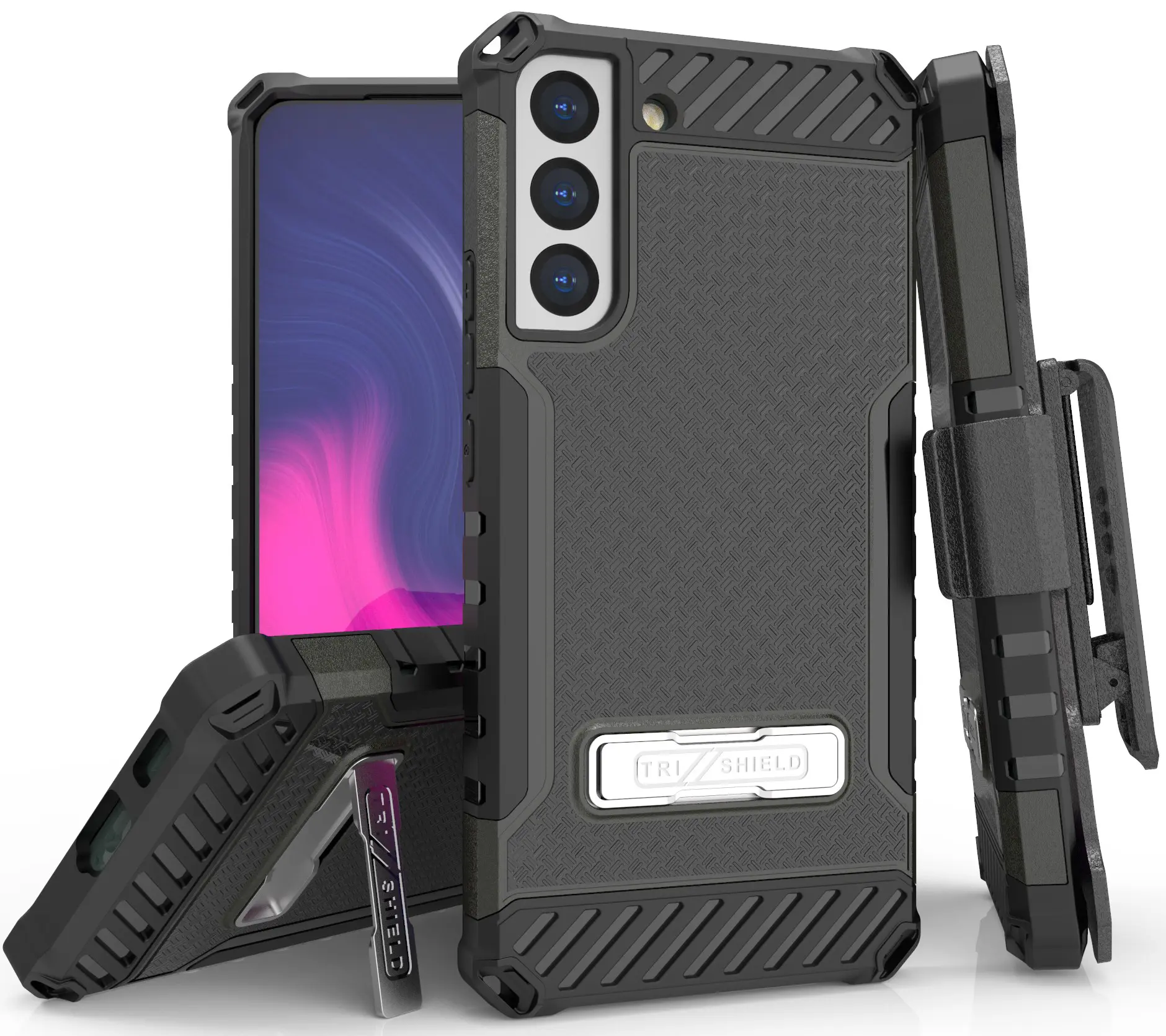 Tri-Shield Combination for Samsung Galaxy S22 Plus 5G Case, Nakedcellphone [Military Grade] Rugged Cover with Metal Kickstand [Includes Wrist Strap Lanyard + Belt Clip Holster]
