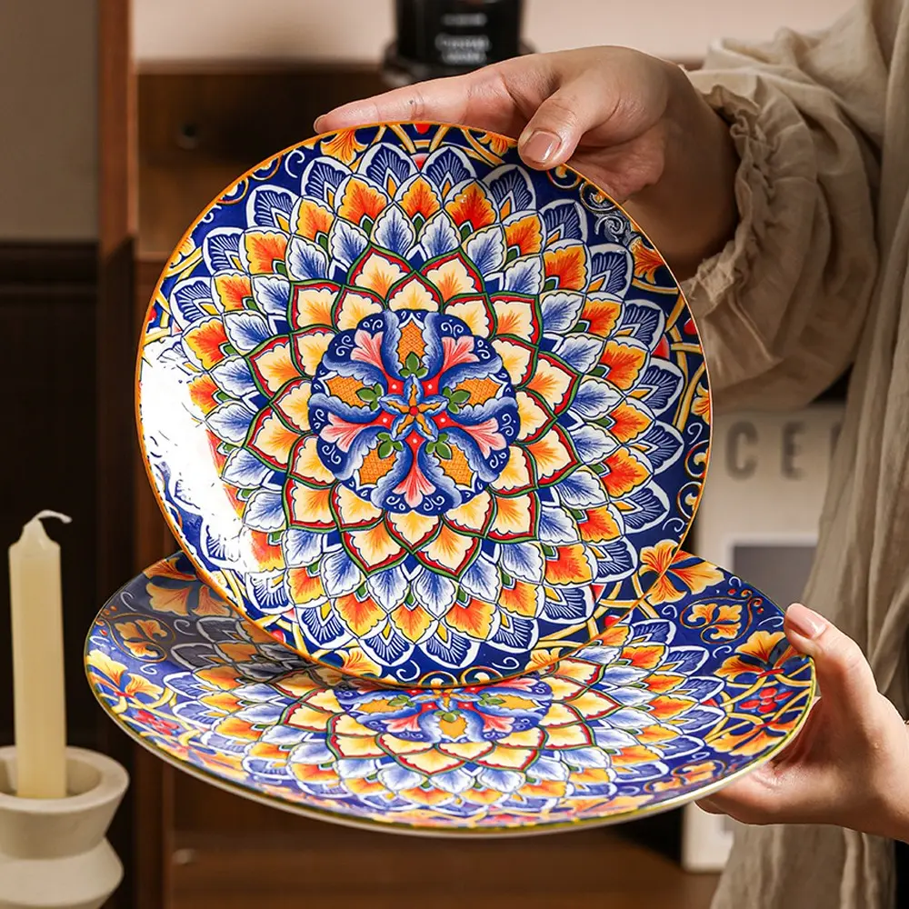 Bohemian Style Ceramic Plates Set of 4, 8.5 Inch Dinnerware, Unique Patterns, Assorted Designs, Four Different Styles for Steak Pasta Fruits, Kitchen Dining Essentials