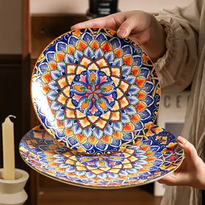 Bohemian Style Ceramic Plates Set of 4, 8.5 Inch Dinnerware, Unique Patterns, Assorted Designs, Four Different Styles for Steak Pasta Fruits, Kitchen Dining Essentials