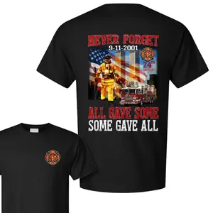 Never Forget 9-11 Firefighter Tribute T-Shirt, Honoring Heroes with American Flag Design, Memorial Fire Rescue Tee, All Gave Some, Some Gave All Tshirt
