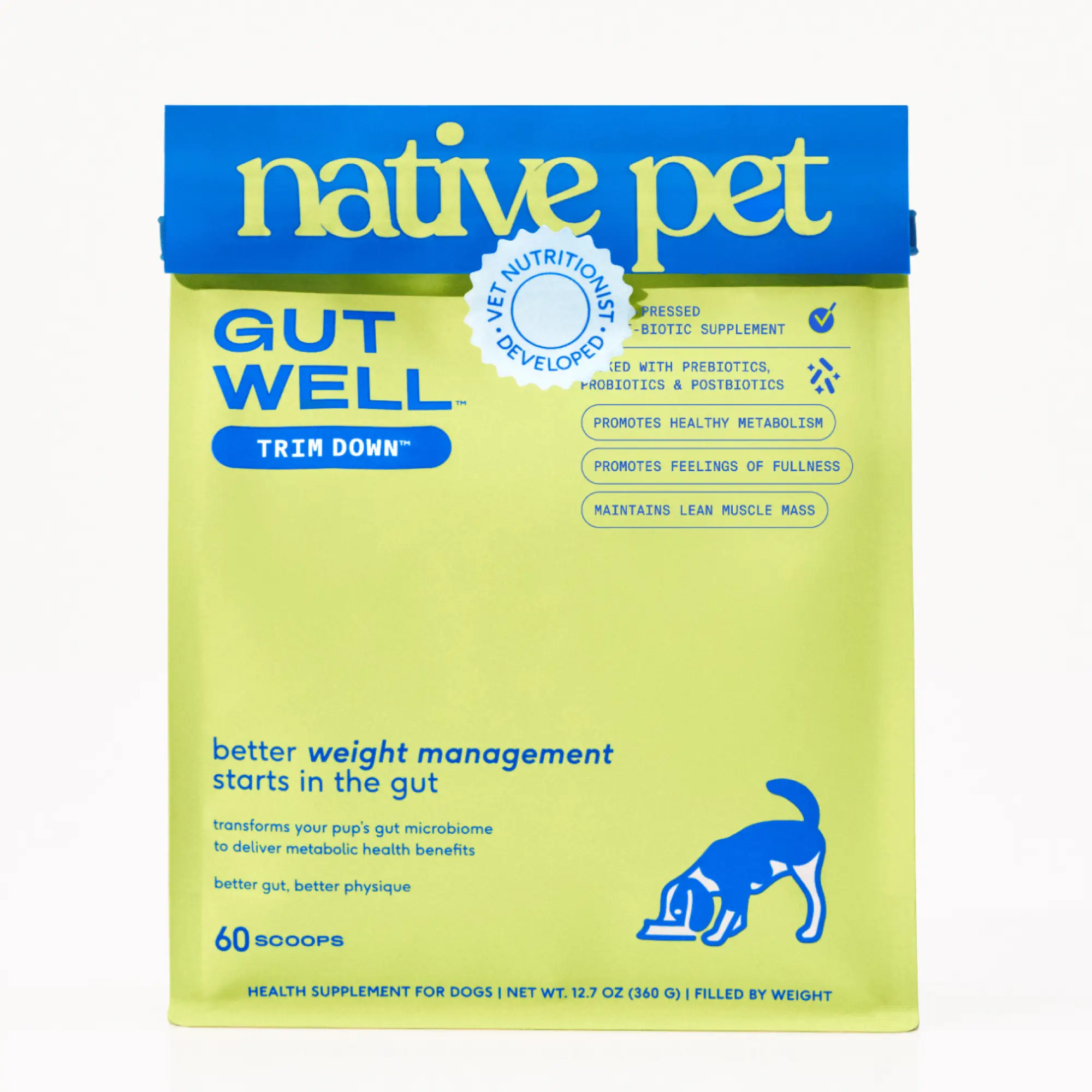 Native Pet GutWell Trim Down - Dog Weight Management Supplement Promotes Feeling of Fullness, Healthy Metabolism & Lean Muscle with Triple-biotic Blen