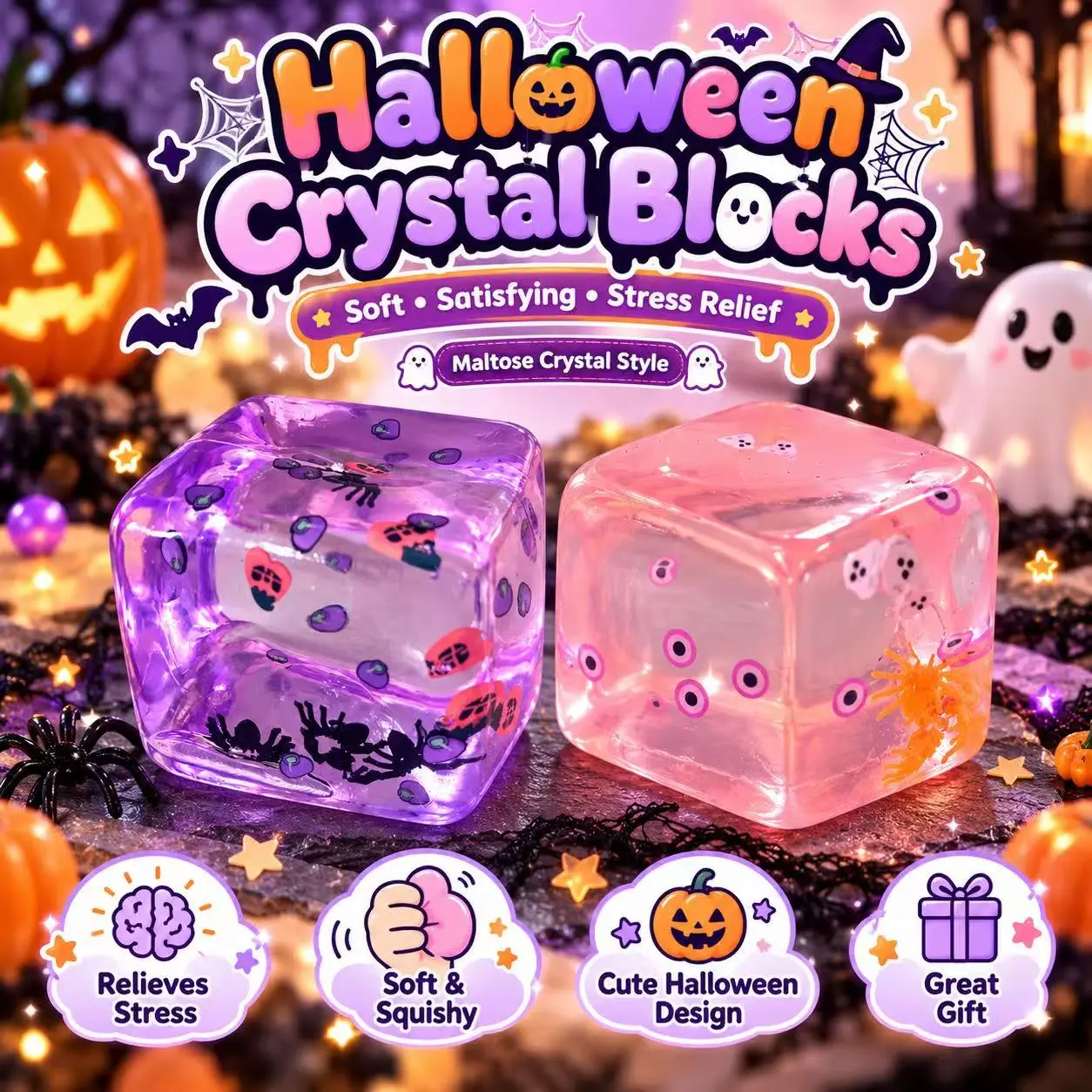 Halloween Maltose Squishy Cube, Clear Crystal Ice Block Squeeze Toy, Pink Eyeball & Purple Spider Sensory Fidget, Kawaii Stress Ball, Stress Relief Desk Toy for Teens Adults, Halloween Gift, Party Favor