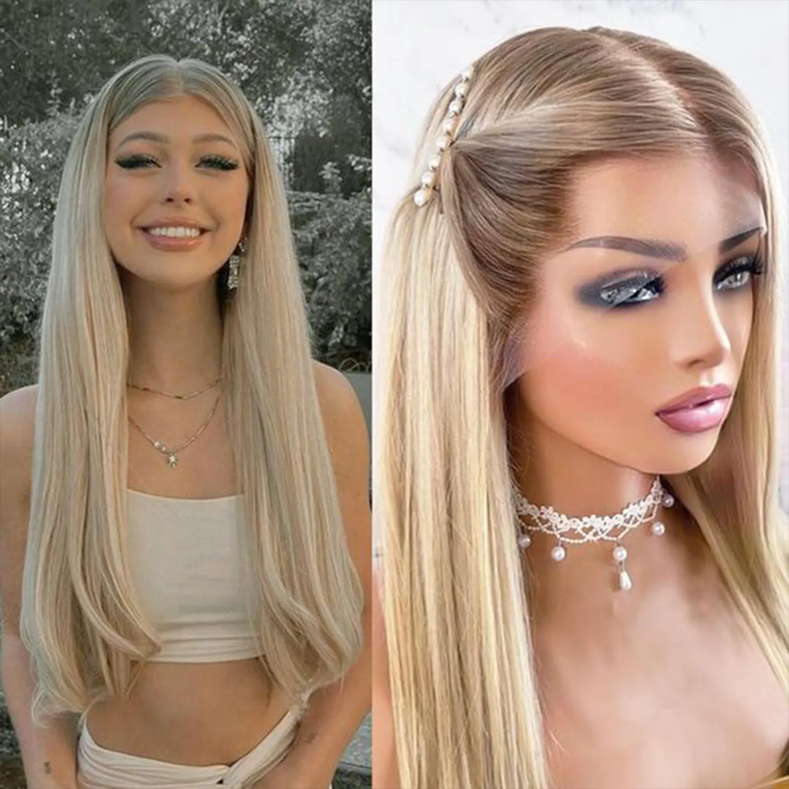 Lace Straight Wig, 28-Inch Long Ombre Rooted Blonde Hair, 13*6 Transparent Frontal, Heat Resistant Synthetic Fiber for Women's Daily & Party Use, Frontal Lace Wig, Lace Straight Wigs