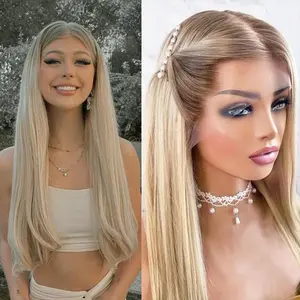 Aodbar Synthetic Lace Front Wig - 28-Inch, 13*6 Transparent Lace, Ombre Rooted Blonde, Long Straight, Heat Resistant, for Daily & Party Use