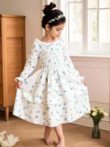Girls' Fresh Blue Floral Long Sleeve Dress, Gentle Farmhouse Style, Elastic Waistband, Multi-Layer Cake Skirt, Suitable for Ages 4-7