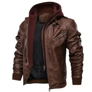 Men Brown Leather Motorcycle Jacket with Removable Hood Hoodie Casual